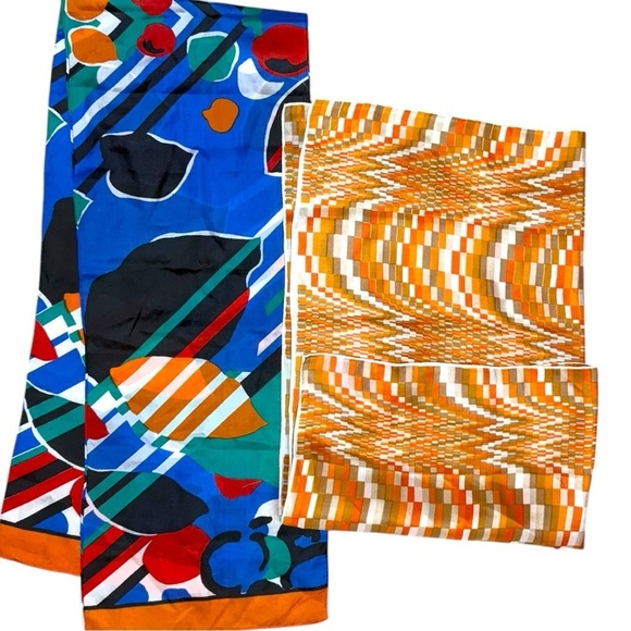 Vintage Accessories - Vintage Scarf Bundle, Abstract Artistic Silk & Mod Geometric Orange